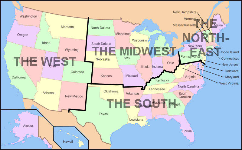 Estados Unidos Regiões Censitárias Divisões Mapa Político